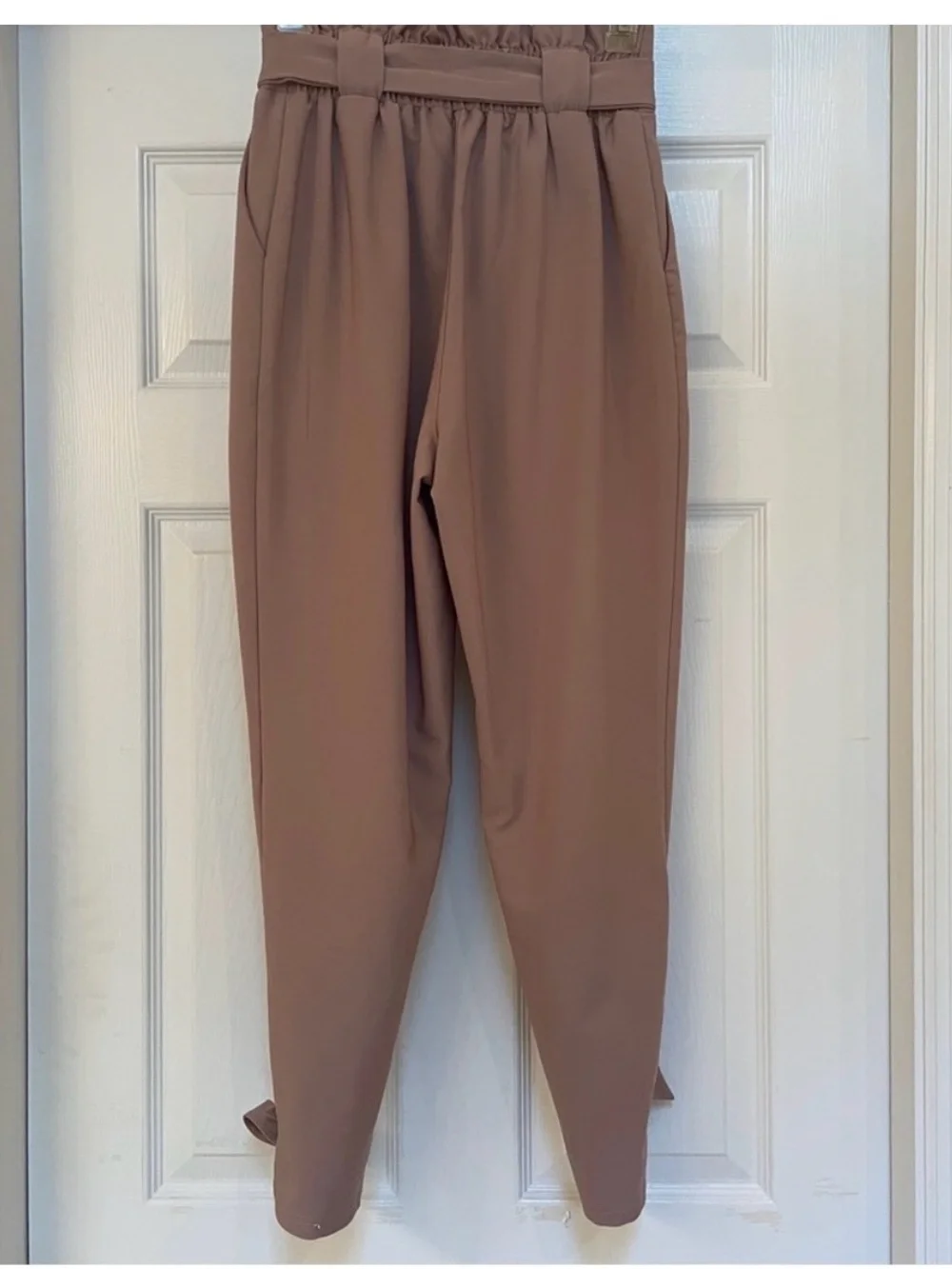 Grace Karin Women’s Paperbag Tie Waist Ankle Pants Size Small Taupe Bow Detail